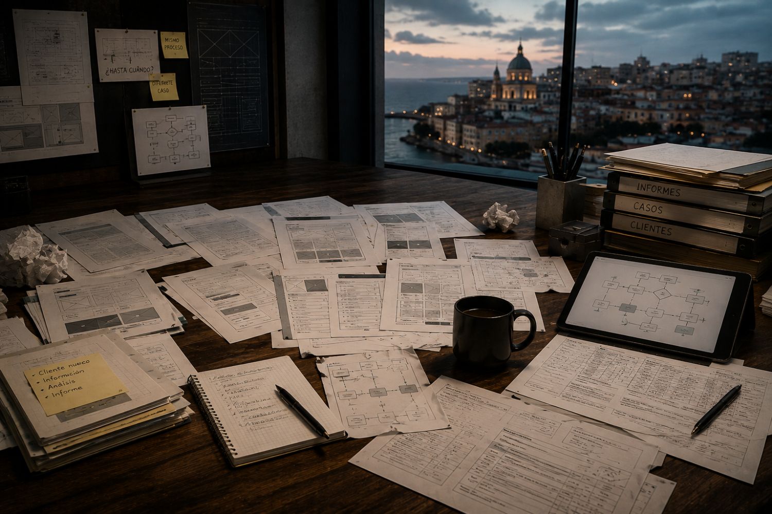 Escritorio cubierto de wireframes y documentos repetidos, notas que dicen 'mismo proceso' y '¿hasta cuándo?', carpetas de informes, casos y clientes
