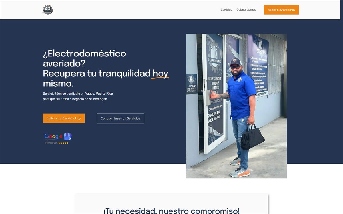Website de C&J Appliance Services: hero con técnico y CTA Solicita tu Servicio Hoy